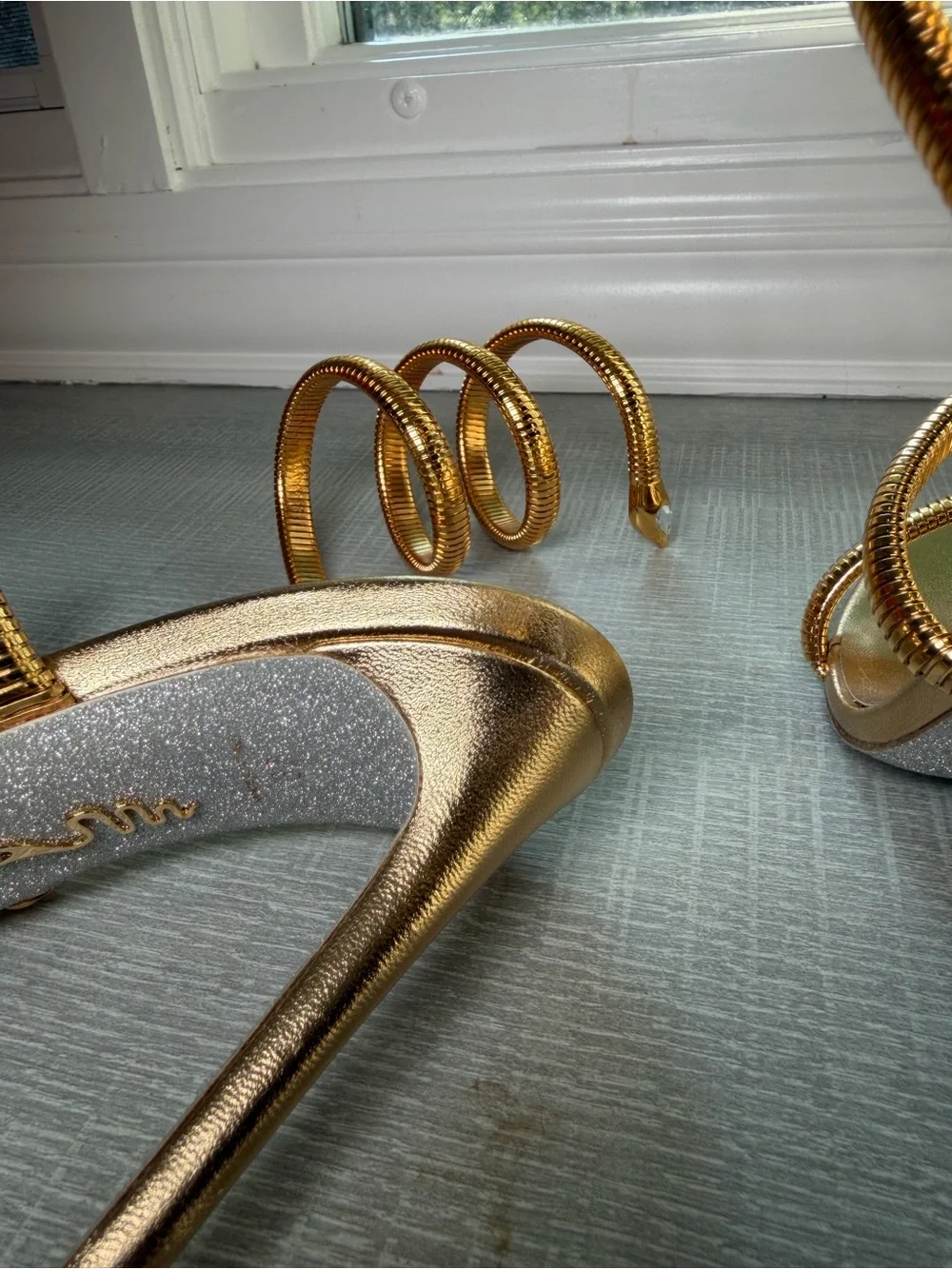 Rene Caovilla Metallic Gold Spiral Ankle-Strap Sandals
